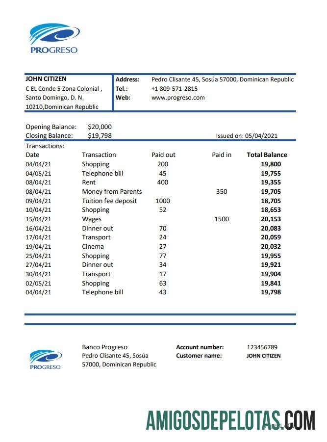 Modelo de extrato bancário Progreso da República Dominicana para download, formato Excel e PDF (.xls e .pdf)